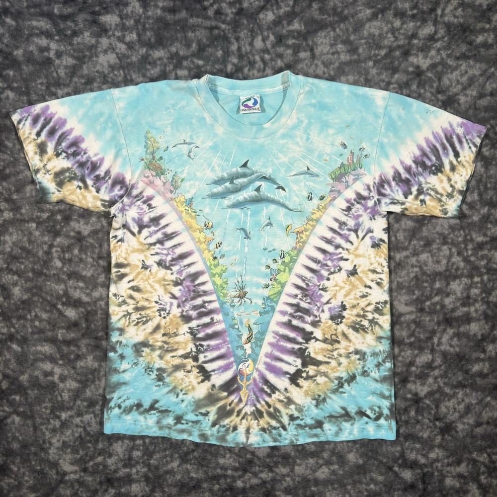 Vintage Liquid Blue All Over Print Ocean Tie Dye TShirt L Nature Dolphin 1990